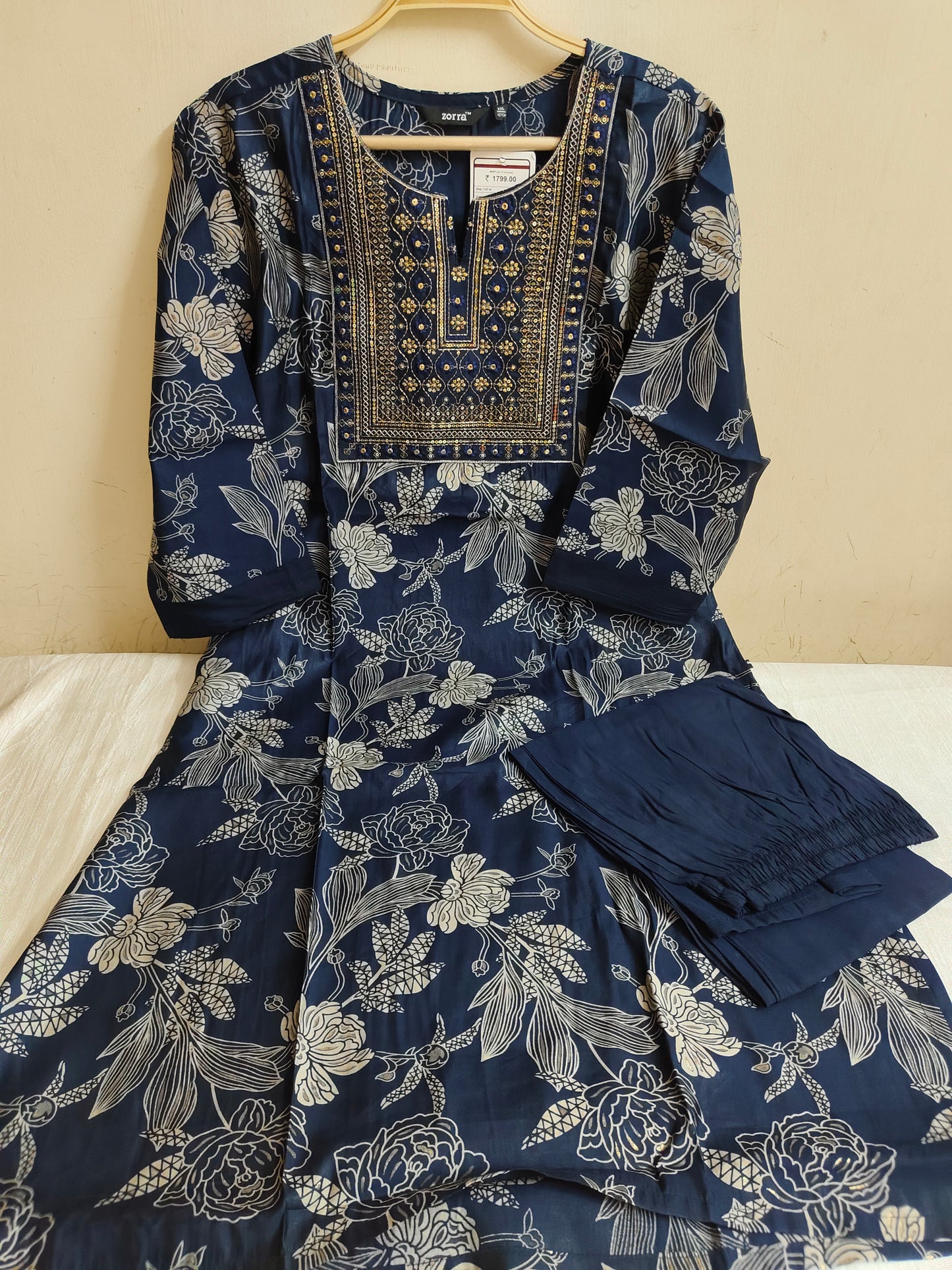 Navy Blue Floral Printed Chanderi Silk Kurti - 2 Piece Embroidered Set | Mayura