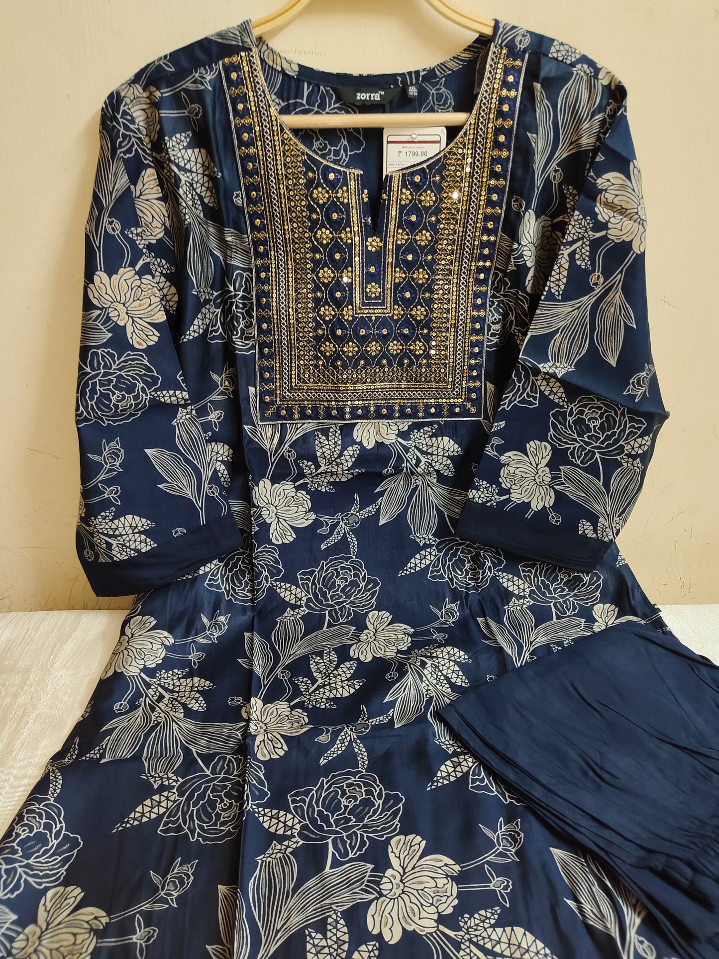 Navy Blue Floral Printed Chanderi Silk Kurti - 2 Piece Embroidered Set | Mayura