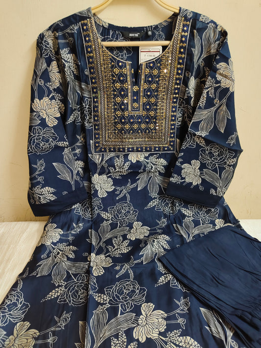 Navy Blue Floral Printed Chanderi Silk Kurti - 2 Piece Embroidered Set | Mayura