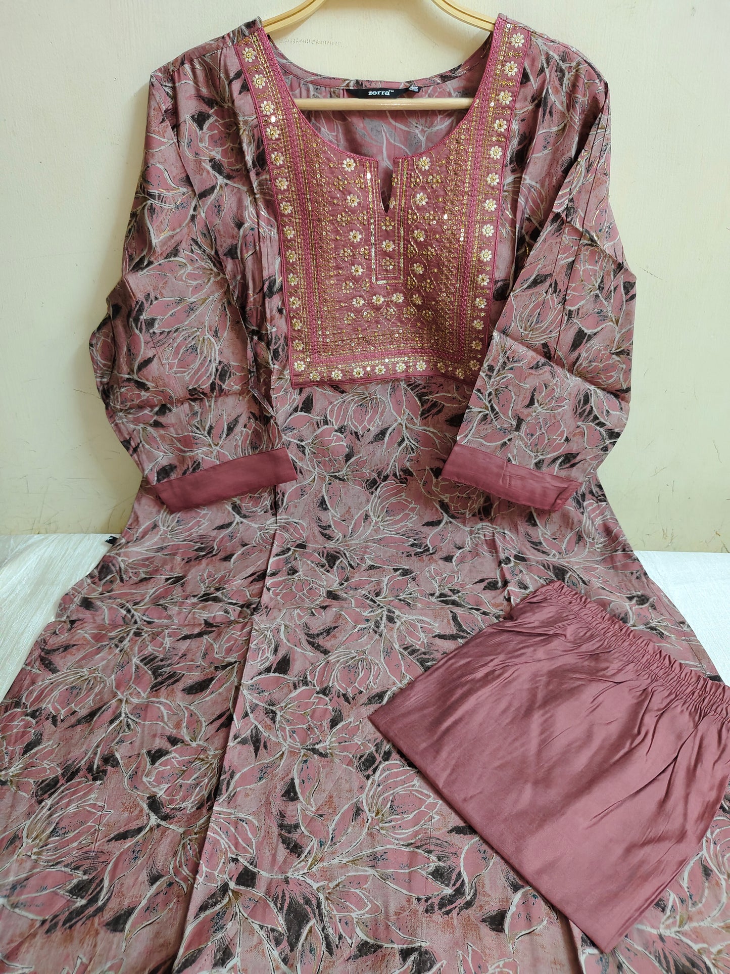 Mauve Floral Printed Chanderi Silk Kurti - 2 Piece Embroidered Set | Mayura