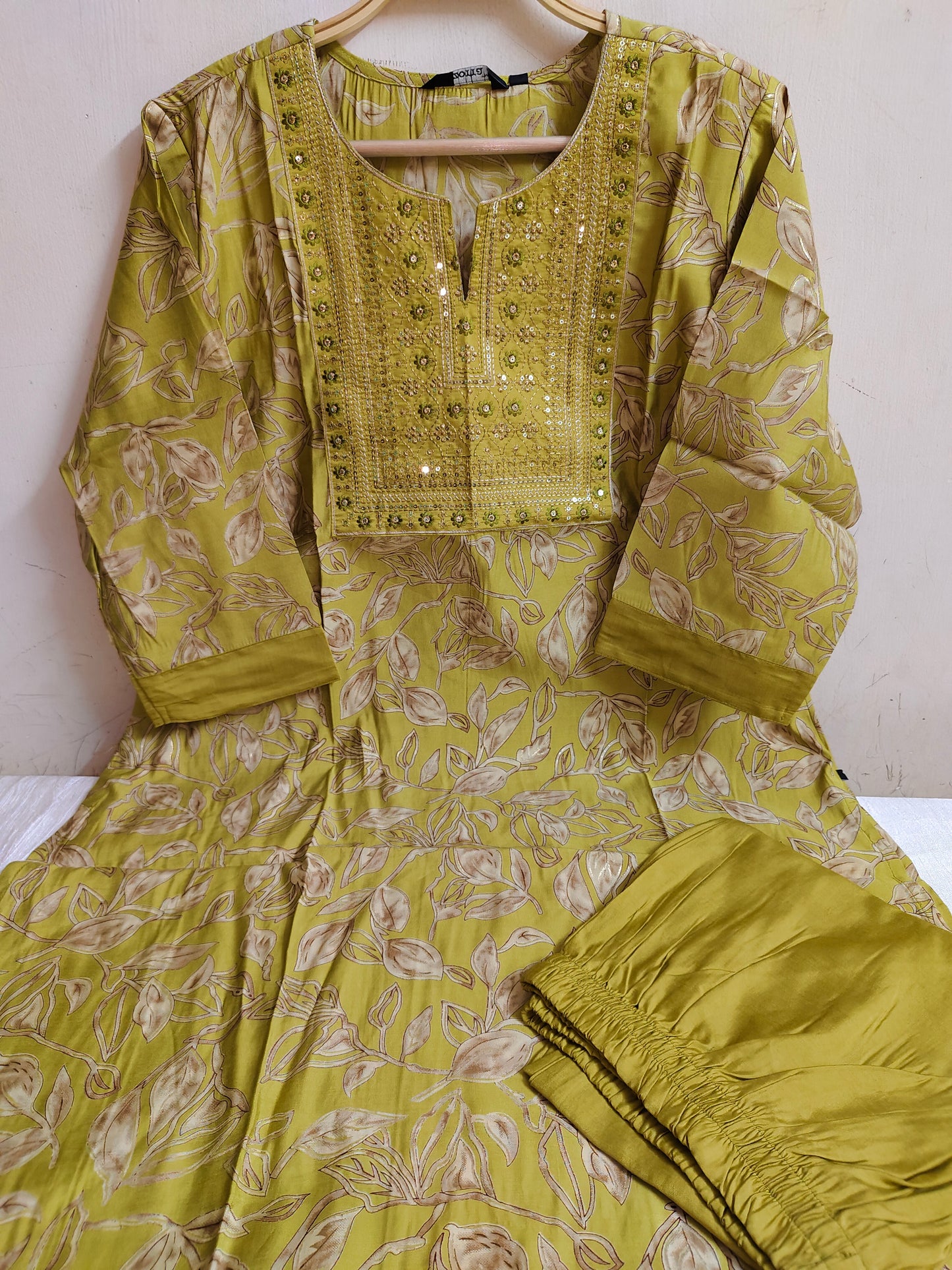 Olive Green Floral Printed Chanderi Silk Kurti - 2 Piece Embroidered Set | Mayura
