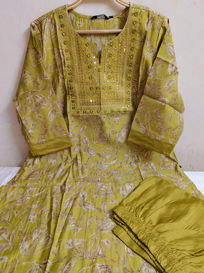 Olive Green Floral Printed Chanderi Silk Kurti - 2 Piece Embroidered Set | Mayura