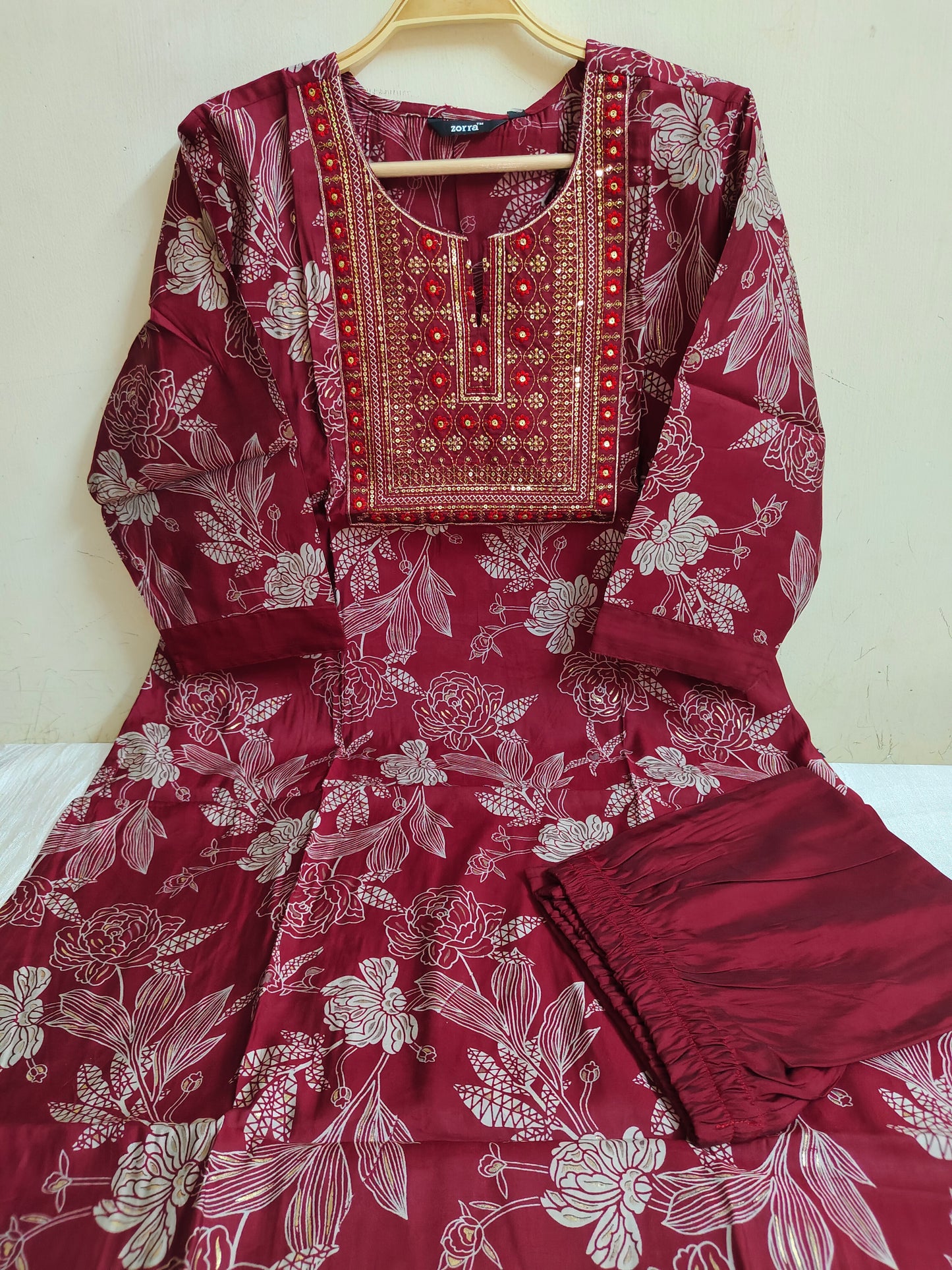 Maroon Floral Printed Chanderi Silk Kurti - 2 Piece Embroidered Set | Mayura