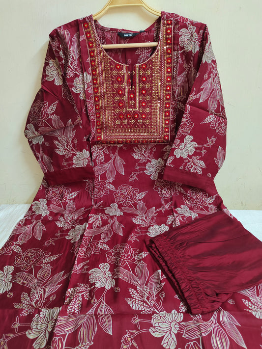 Maroon Floral Printed Chanderi Silk Kurti - 2 Piece Embroidered Set | Mayura