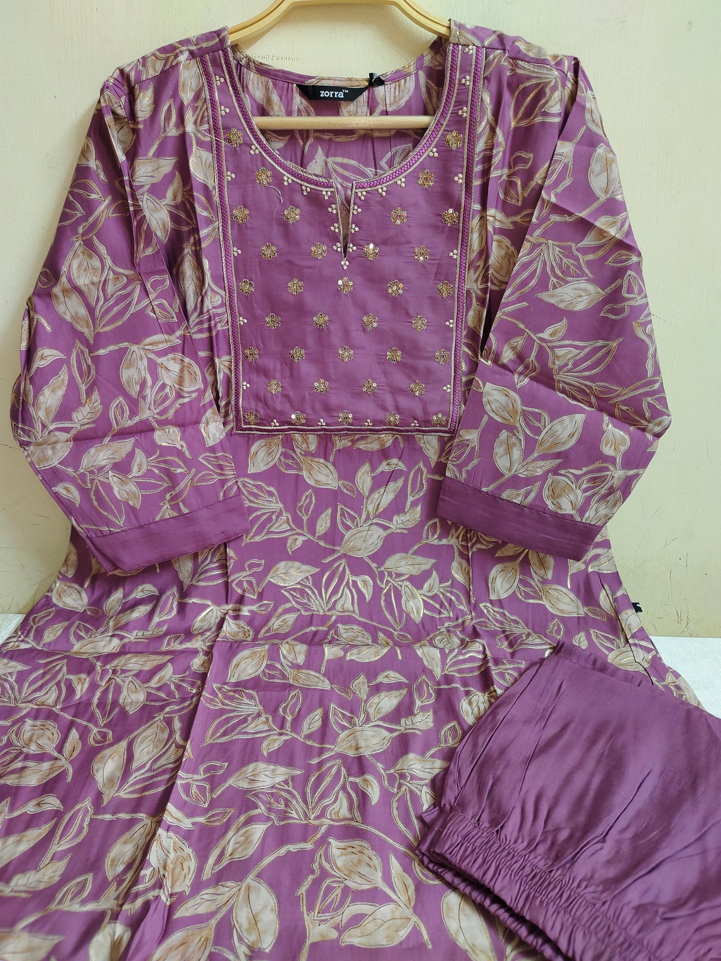 Purple Floral Printed Chanderi Silk Kurti - 2 Piece Embroidered Set | Mayura