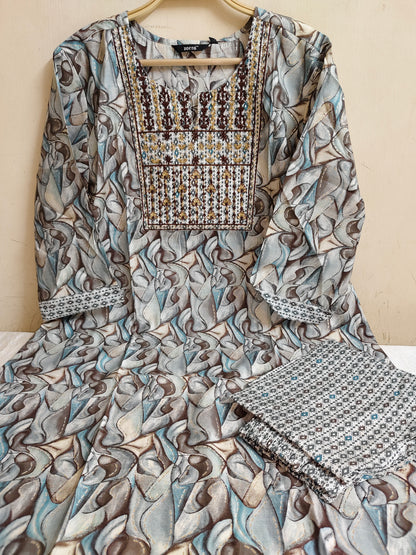 Grey & Blue Abstract Wave Print Straight Kurti 2-Piece Set | Mayura