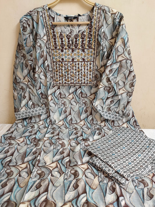 Grey & Blue Abstract Wave Print Straight Kurti 2-Piece Set | Mayura