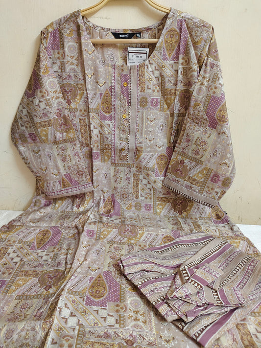 Mauve & Cream Patchwork Print Straight Kurti 2-Piece Set | Mayura