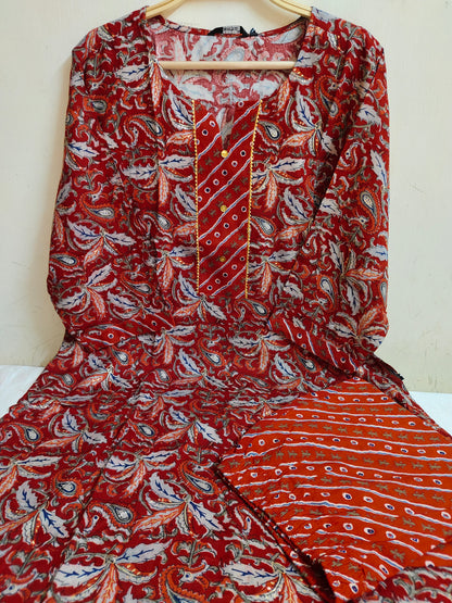Red Paisley & Leaf Print Straight Kurti 2-Piece Set | Mayura