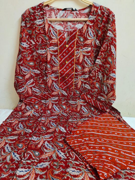 Red Paisley & Leaf Print Straight Kurti 2-Piece Set | Mayura