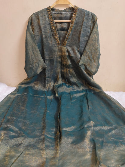 Teal Blue Embellished Jacquard Shimmer Kurti  | Mayura