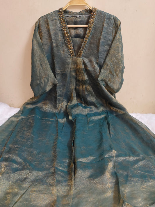Teal Blue Embellished Jacquard Shimmer Kurti  | Mayura