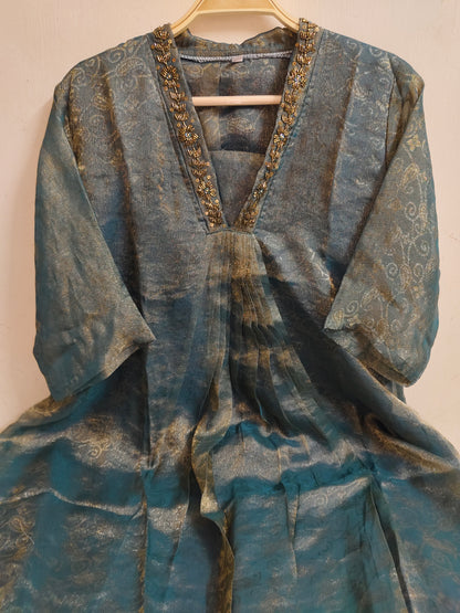 Teal Blue Embellished Jacquard Shimmer Kurti  | Mayura