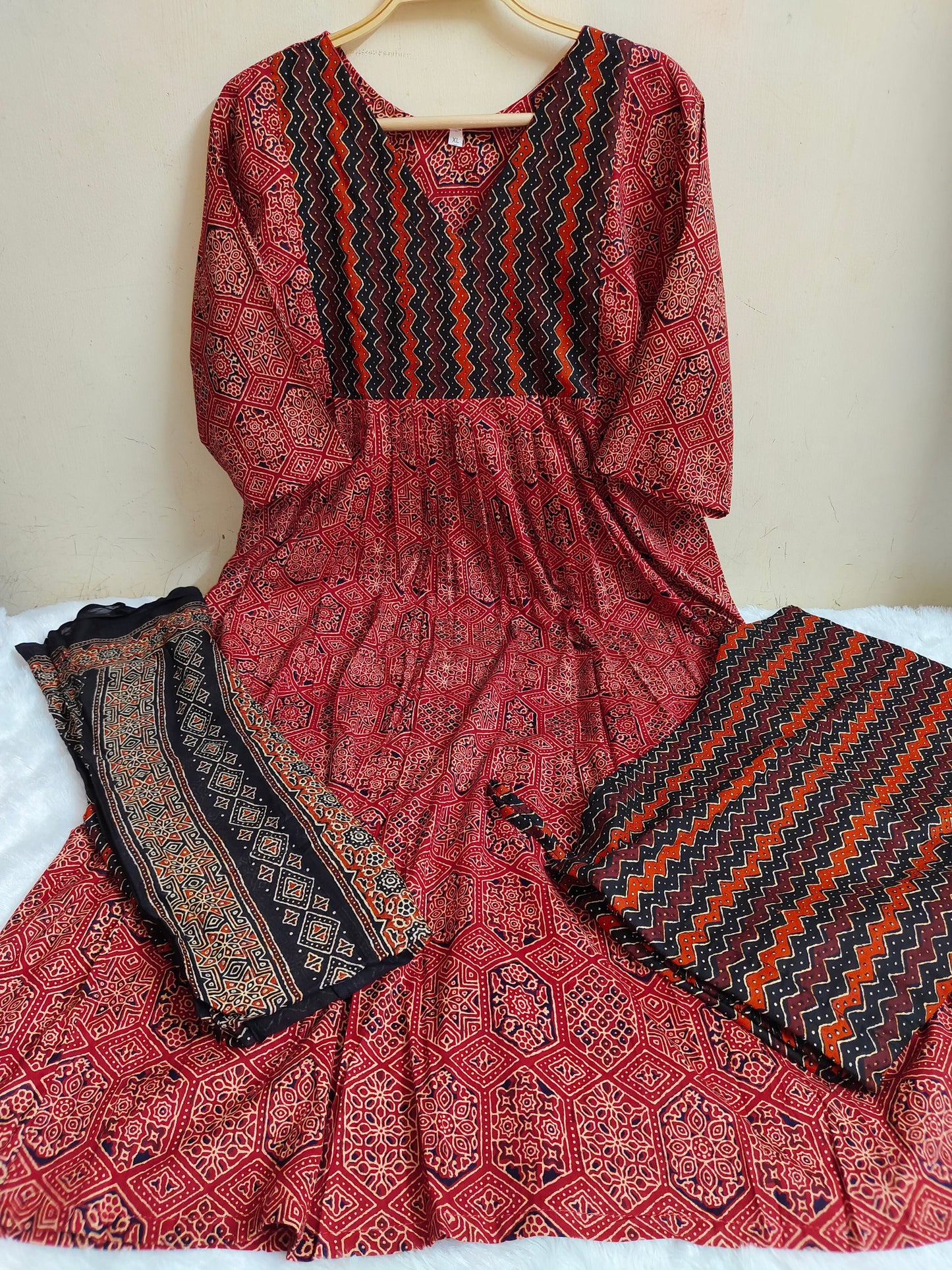 Red Ajrakh Print Straight Kurti 3-Piece Set | Mayura