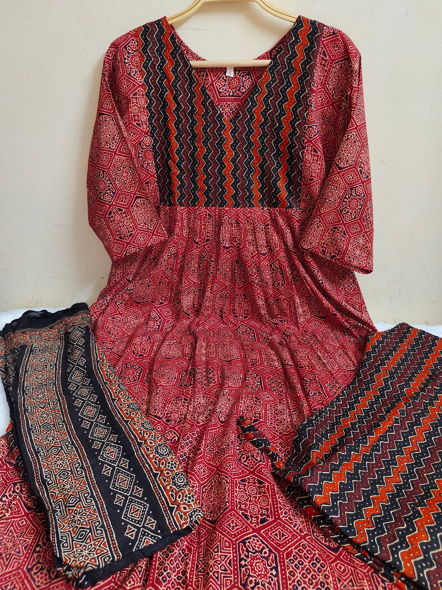 Red Ajrakh Print Straight Kurti 3-Piece Set | Mayura