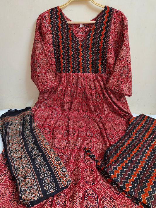 Red Ajrakh Print Straight Kurti 3-Piece Set | Mayura