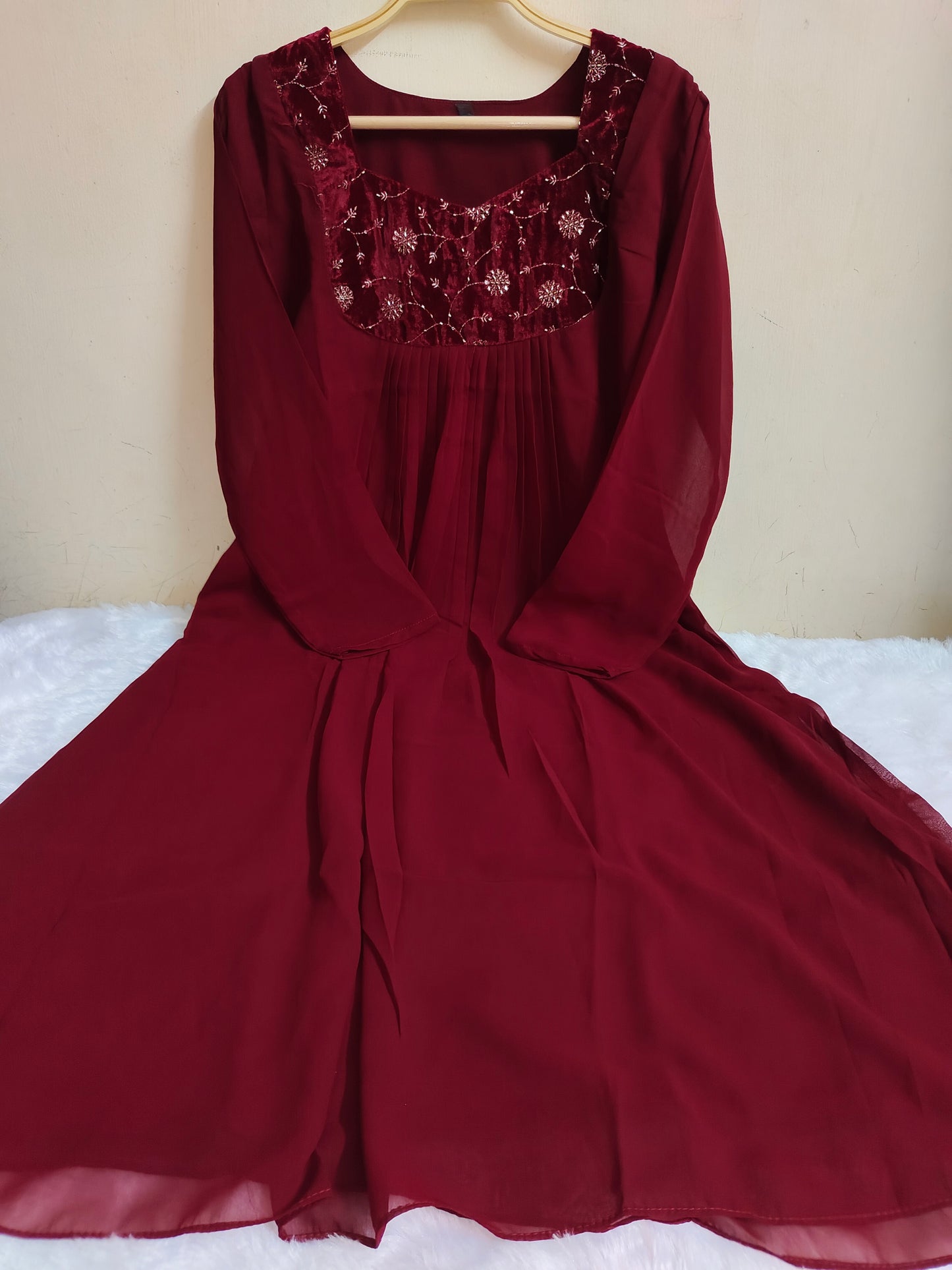 Maroon Embroidered Georgette Kurti - Floral Handwork Anarkali | Mayura