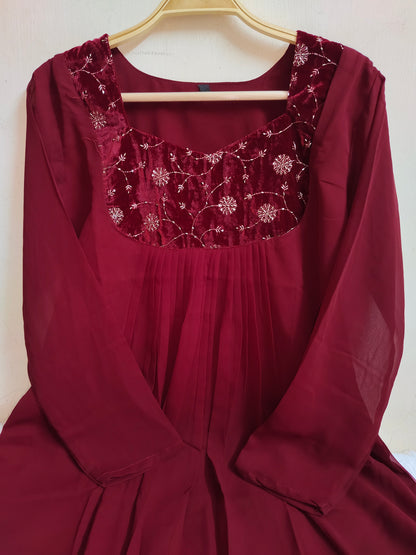 Maroon Embroidered Georgette Kurti - Floral Handwork Anarkali | Mayura