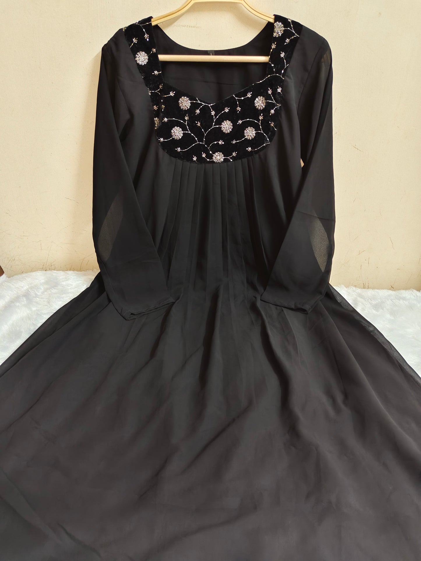 Black Embroidered Georgette Kurti - Floral Handwork Anarkali | Mayura