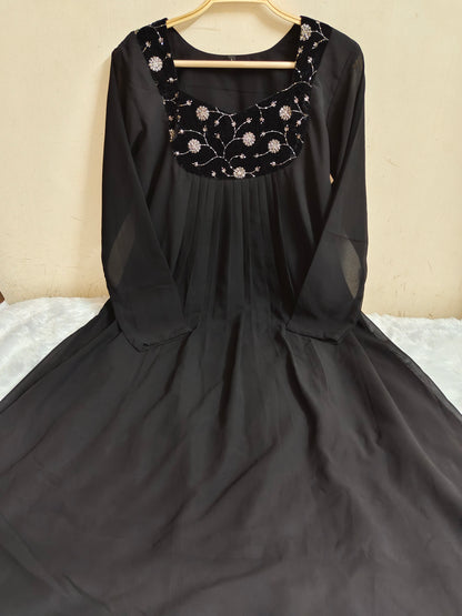 Black Embroidered Georgette Kurti - Floral Handwork Anarkali | Mayura