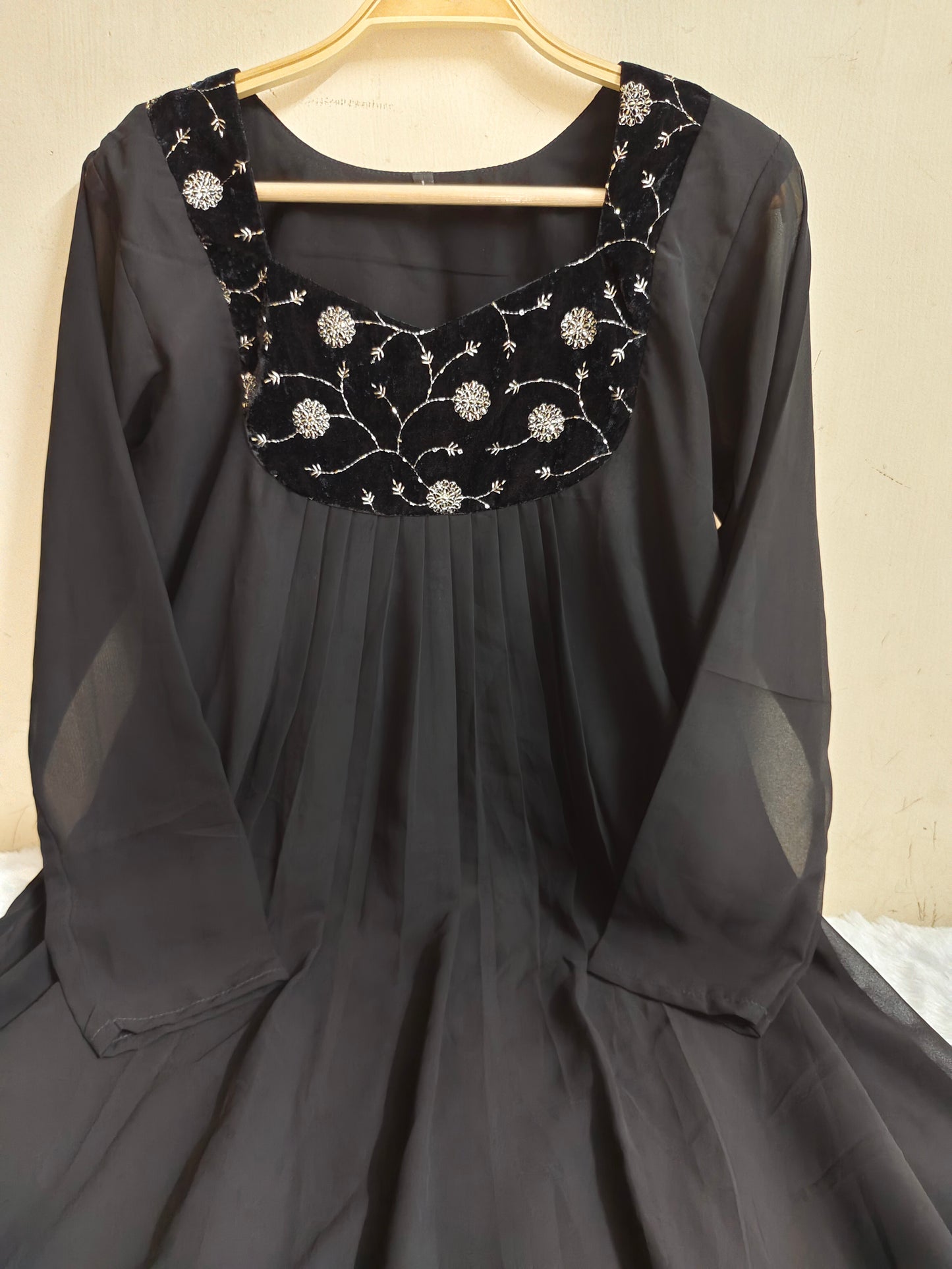 Black Embroidered Georgette Kurti - Floral Handwork Anarkali | Mayura