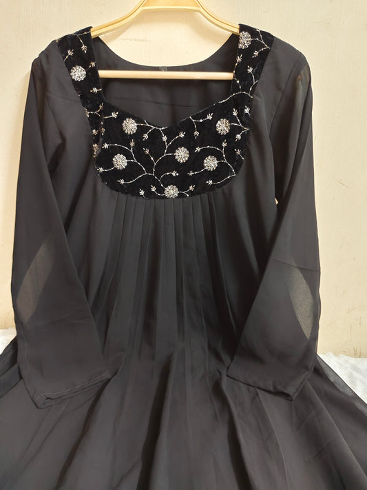 Black Embroidered Georgette Kurti - Floral Handwork Anarkali | Mayura