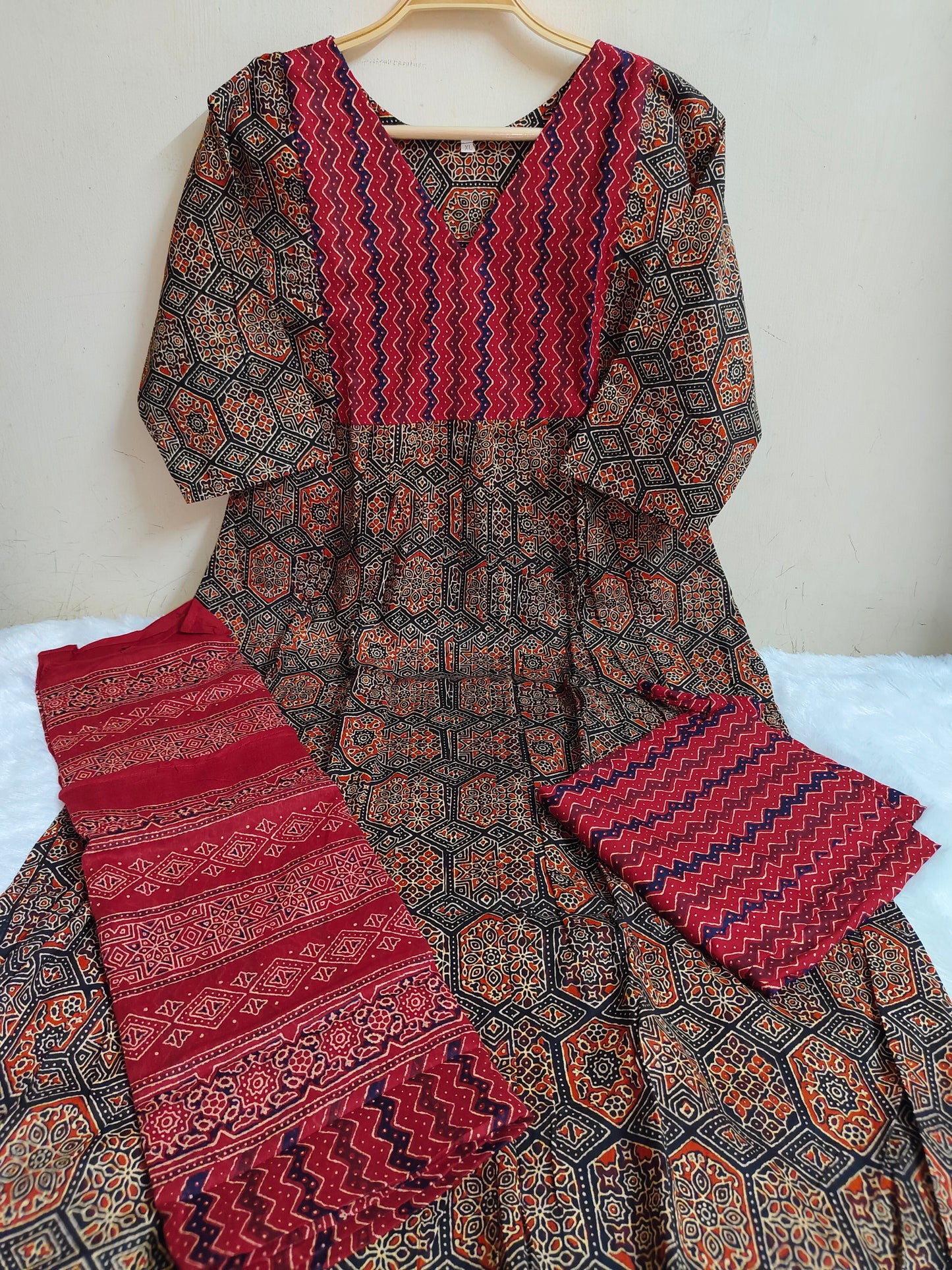 Black Ajrakh Print Straight Kurti 3-Piece Set | Mayura
