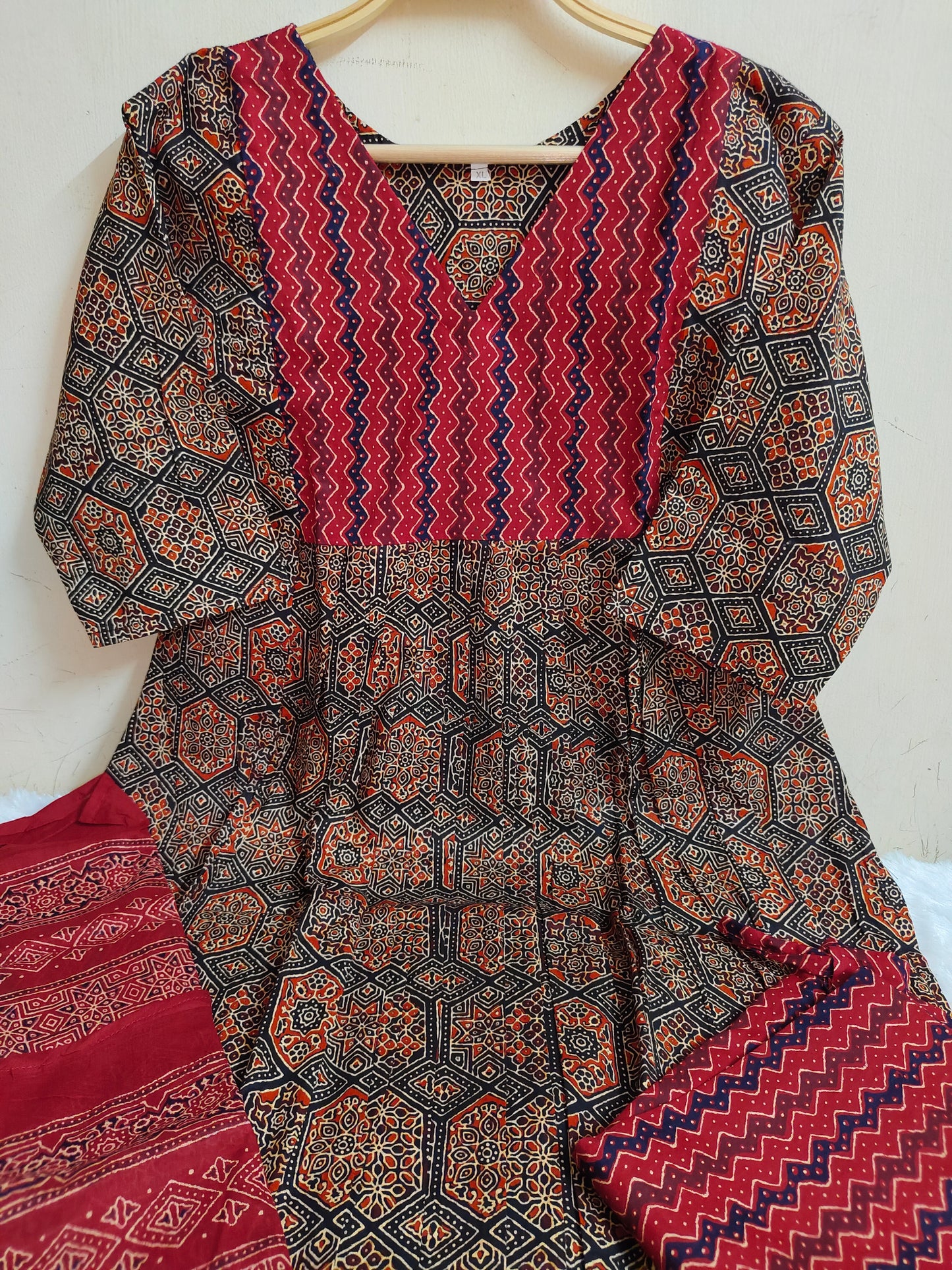 Black Ajrakh Print Straight Kurti 3-Piece Set | Mayura