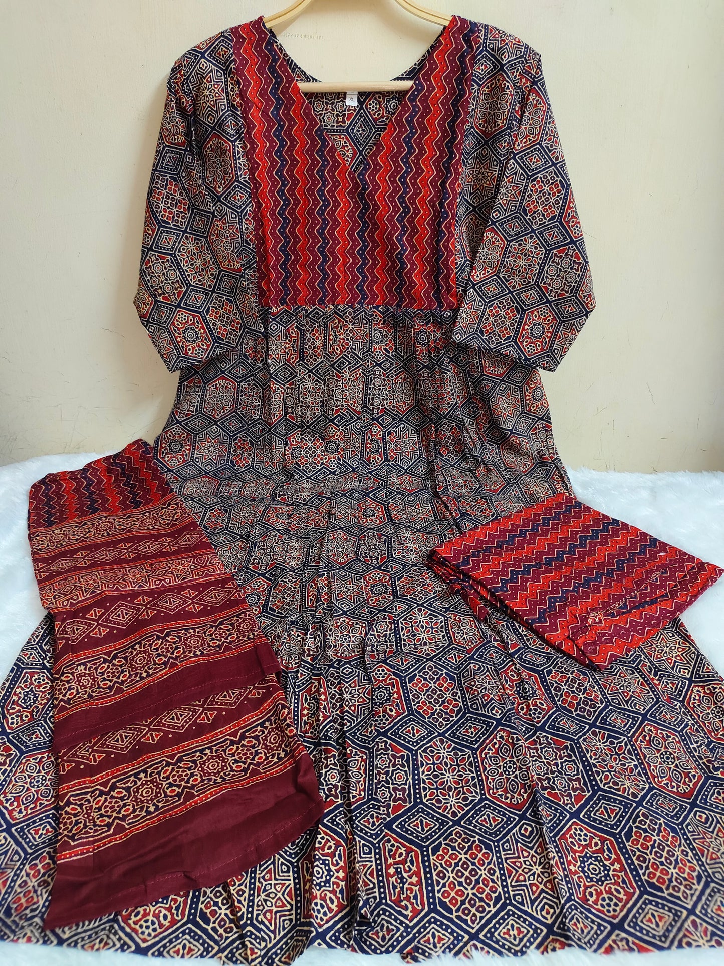 Navy Blue Ajrakh Print Straight Kurti 3-Piece Set | Mayura