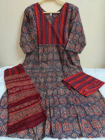 Navy Blue Ajrakh Print Straight Kurti 3-Piece Set | Mayura
