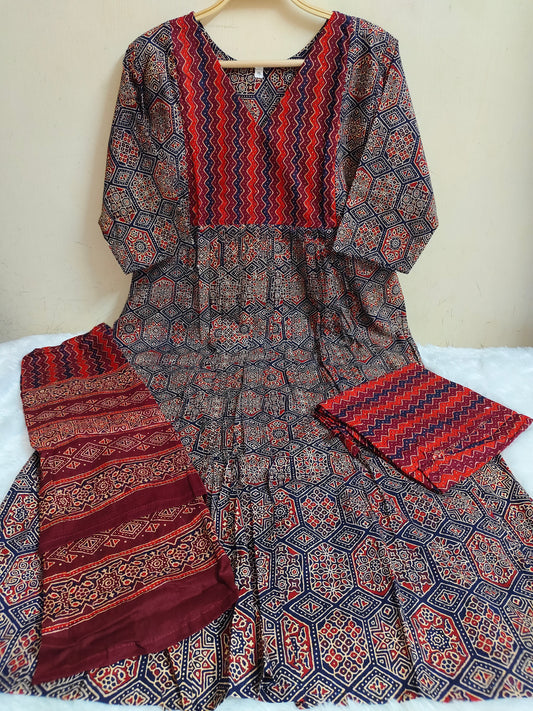 Navy Blue Ajrakh Print Straight Kurti 3-Piece Set | Mayura