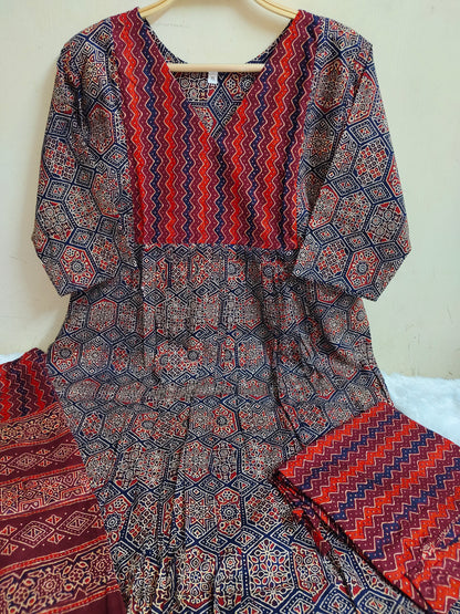 Navy Blue Ajrakh Print Straight Kurti 3-Piece Set | Mayura