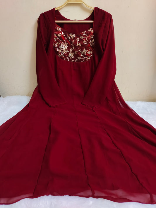 Maroon Floral Embroidered Georgette Anarkali with Lining | Mayura