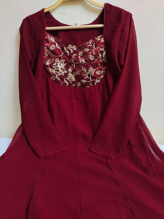Maroon Floral Embroidered Georgette Anarkali with Lining | Mayura