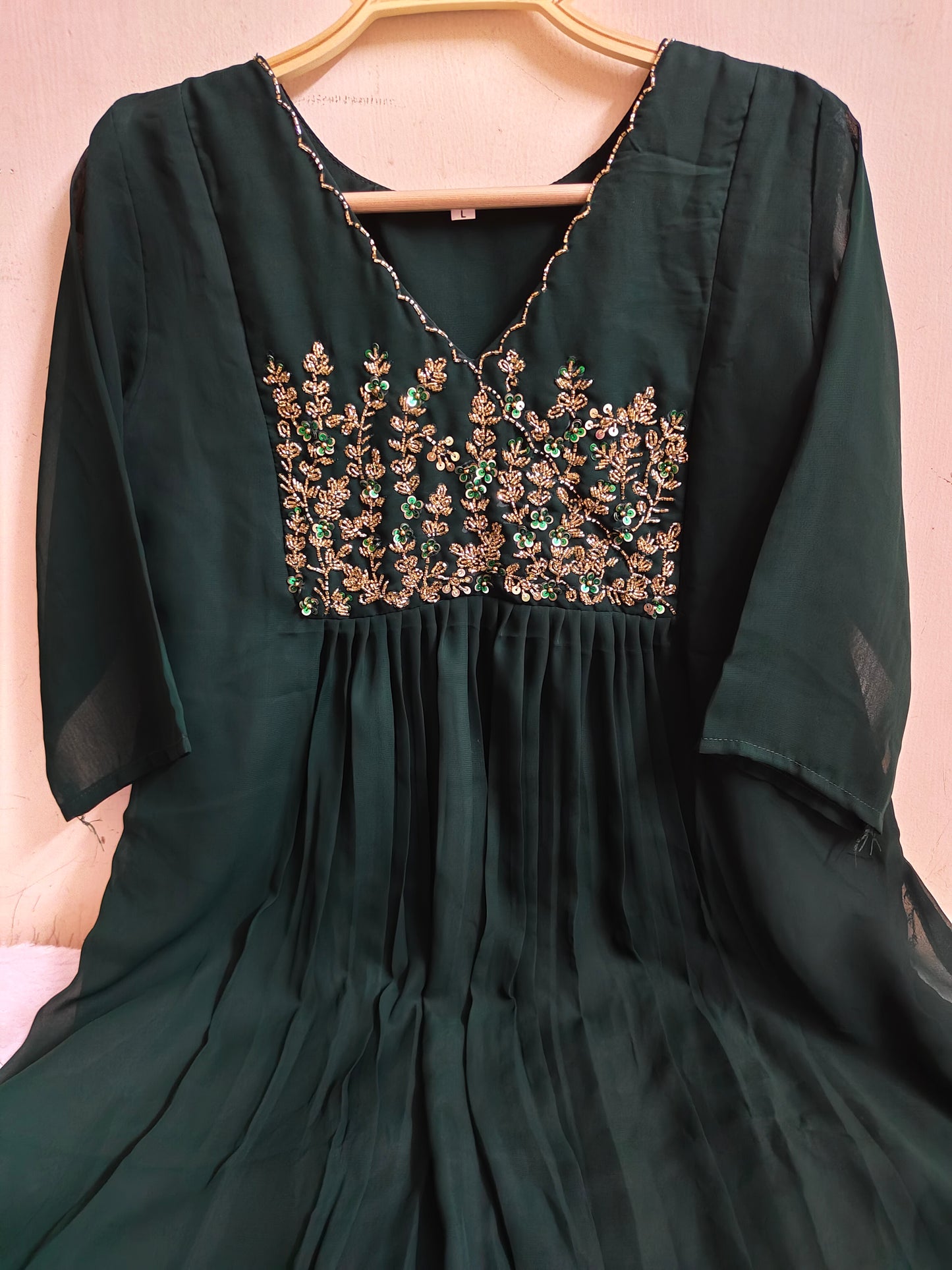 Emerald Floral Handwork Georgette Kurti with Lining | Mayura