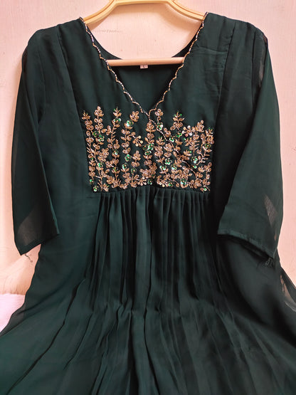 Emerald Floral Handwork Georgette Kurti with Lining | Mayura