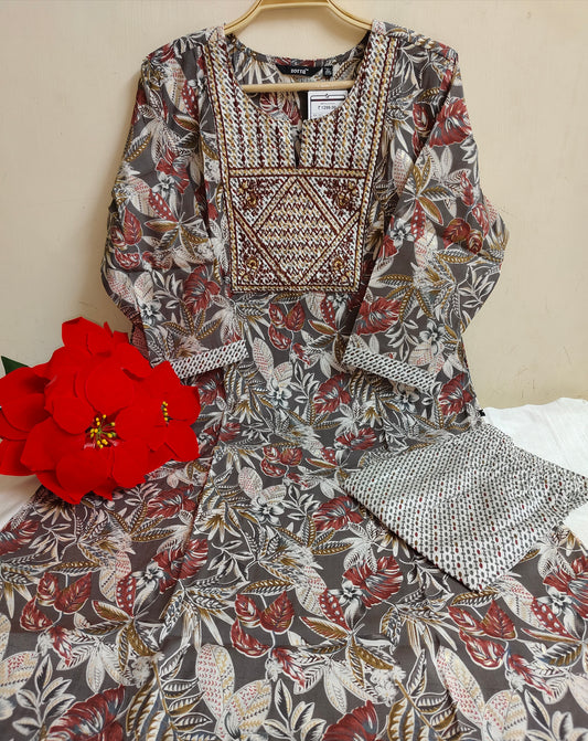Floral Printed Chanderi Silk Kurti - 2 Piece Embroidered Set | Mayura