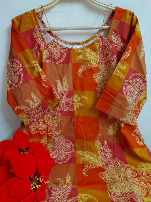 Orange Printed Cotton Kurti with Lining - Straight Cut Tunic | Mayura
