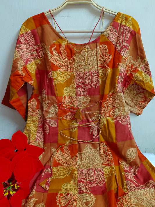 Orange Printed Cotton Kurti with Lining - Straight Cut Tunic | Mayura