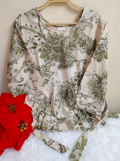 Cream Printed Cotton Peplum Top - Flared Ethnic Kurti | Mayura