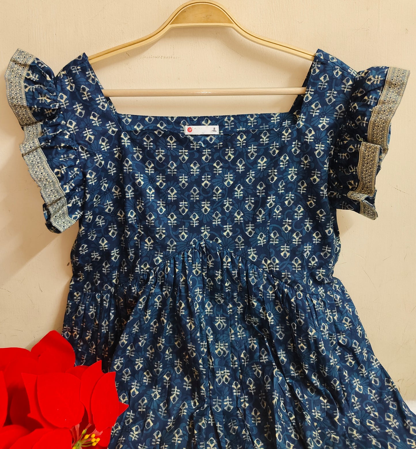 Indigo Printed Cotton Kurti - Ruffle Sleeve Flared Tunic| Mayura