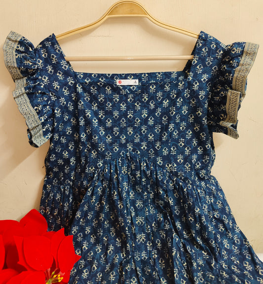 Indigo Printed Cotton Kurti - Ruffle Sleeve Flared Tunic| Mayura
