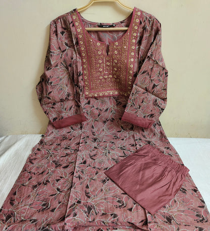 Mauve Floral Printed Chanderi Silk Kurti - 2 Piece Embroidered Set | Mayura