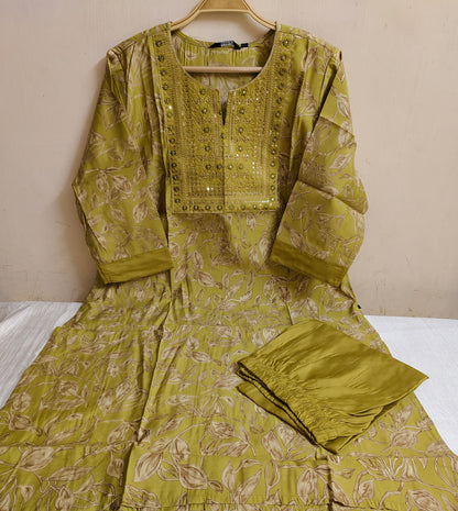 Olive Green Floral Printed Chanderi Silk Kurti - 2 Piece Embroidered Set | Mayura