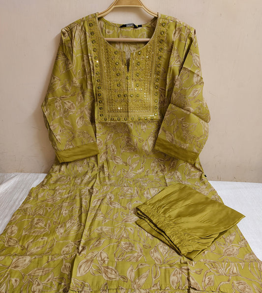 Olive Green Floral Printed Chanderi Silk Kurti - 2 Piece Embroidered Set | Mayura