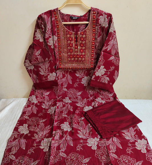 Maroon Floral Printed Chanderi Silk Kurti - 2 Piece Embroidered Set | Mayura