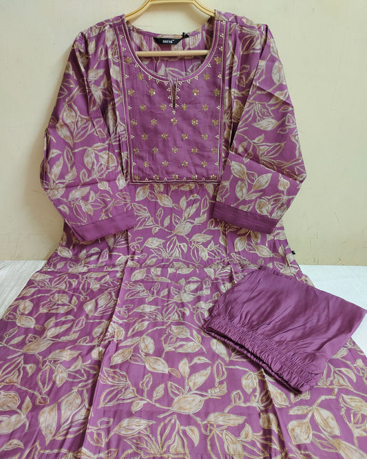 Purple Floral Printed Chanderi Silk Kurti - 2 Piece Embroidered Set | Mayura
