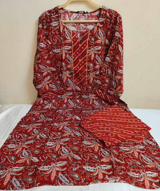 Red Paisley & Leaf Print Straight Kurti 2-Piece Set | Mayura