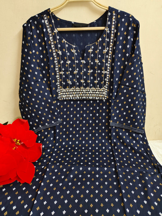 Navy Blue Floral Booti Print Rayon Straight Kurti | Mayura