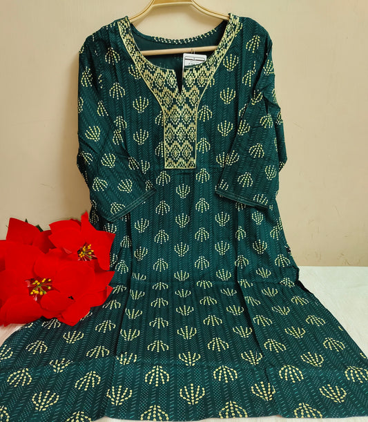 Teal Green Leaf & Dot Print Rayon Straight Kurti | Mayura